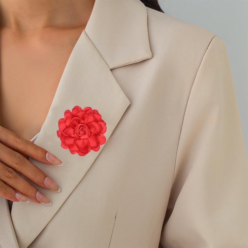 Elegant Large Cloth Flower Brooches Big Camellia Flower Pin for Women Dainty Cloth Fabric Rose Brooches Dress Skirt Scarf Hat Pins Clothing Decoration Accessories (Red A)