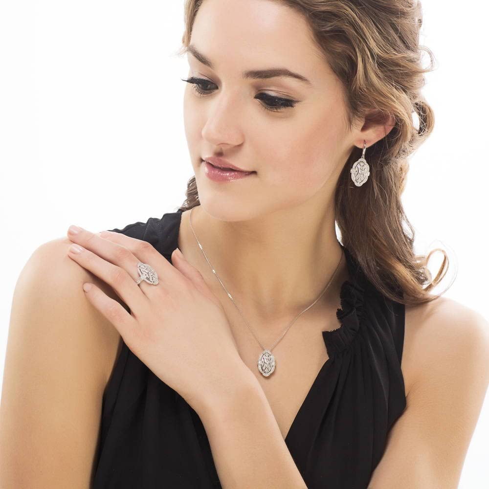 BERRICLE Sterling Silver Vintage Inspired Art Deco Cubic Zirconia CZ Milgrain Fashion Necklace and Earrings Set for Women, Rhodium Plated