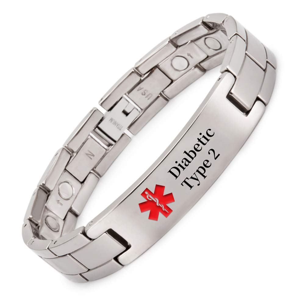 EnerMagiX Titanium Medical Alert Bracelet for Men Women, Type 2 Diabetes, High Blood Pressure, Blood Thinner, Hypoallergenic, 8.46inch Wristband