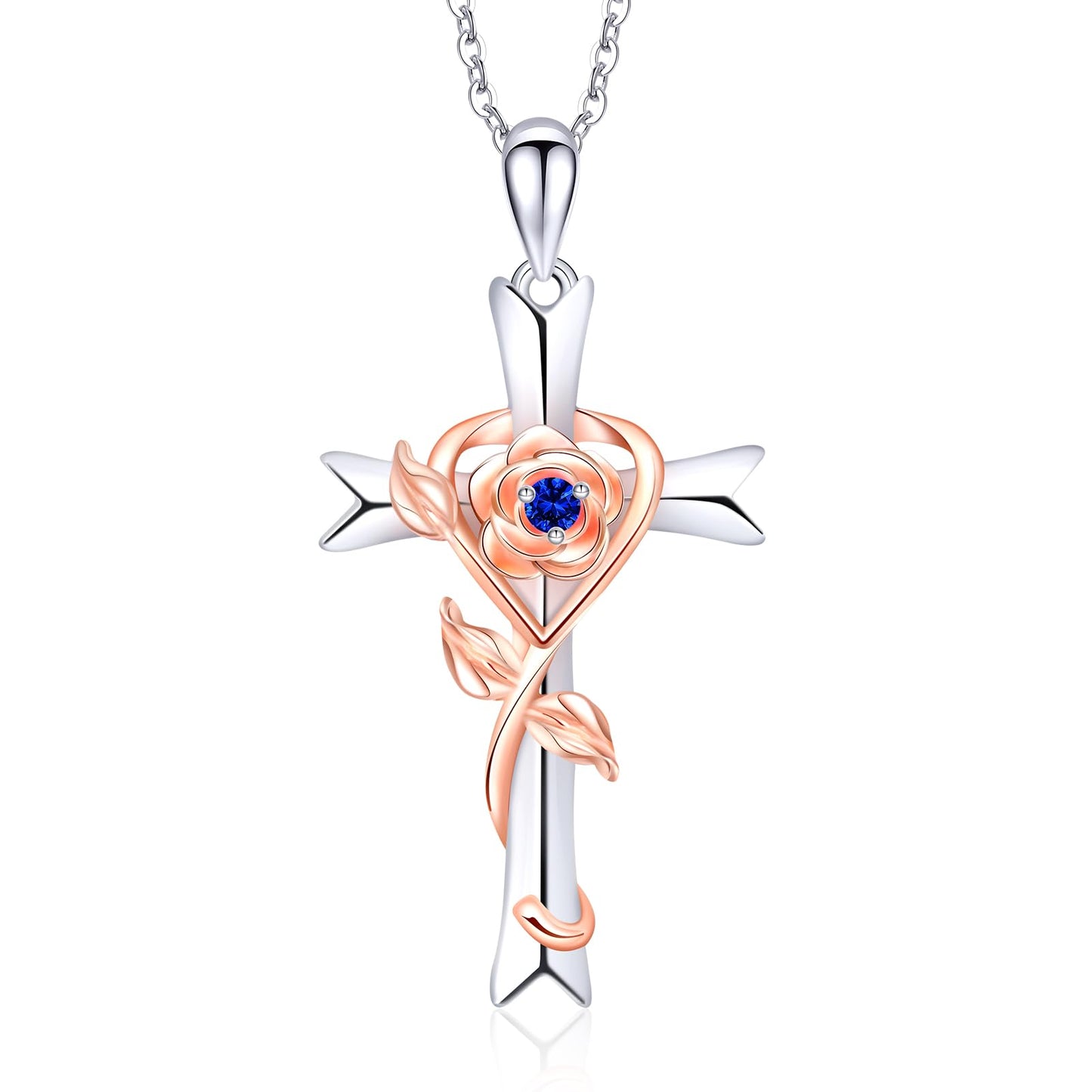 RIVIKO Mothers Day Gifts for Wife-925 Sterling Silver Cross September Birthstone Necklace for Women Cross Rose Pendant Necklaces Anniversary Jewelry Birthday Gift for Women Her Wife