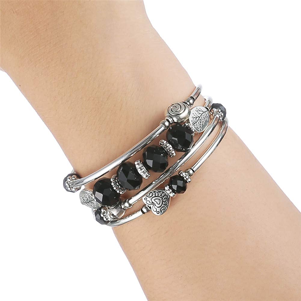 PEARL&CLUB Bead Crystal Wrap Bangle Bracelet - Fashion Jewelry Beaded Bracelet with Silver Metal, Gifts for Women(23-Black)