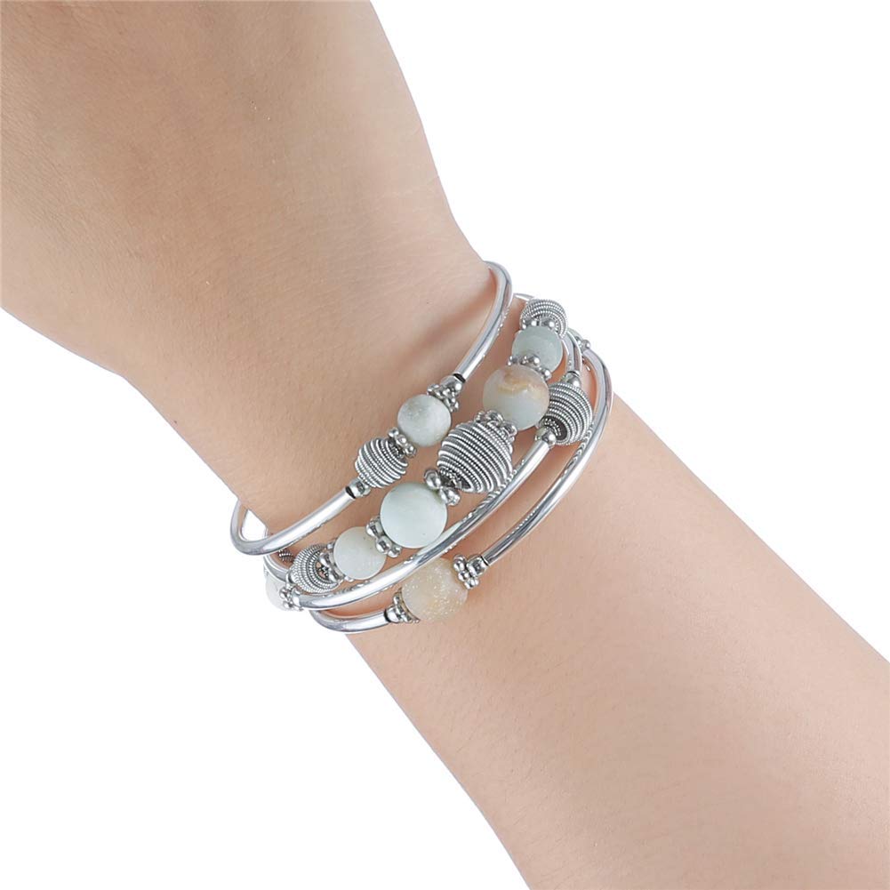 PEARL&CLUB Beaded Chakra Bangle Turquoise Bracelet - Fashion Jewelry Wrap Bracelet with Thick Silver Metal and Mala Beads, Birthday Gifts For Women(Green)