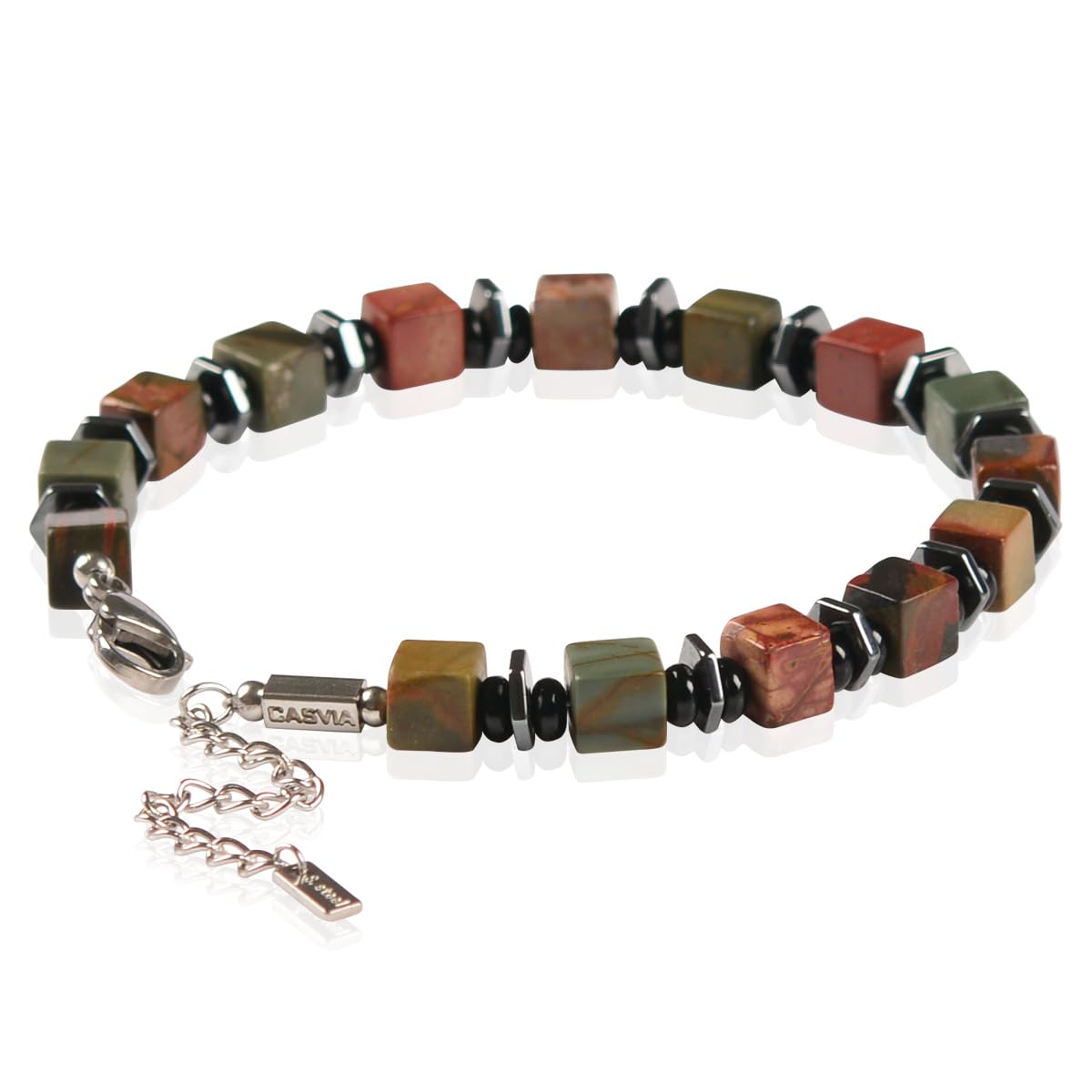 Casvia original beaded bracelets for men Picasso jasper mens bracelet with hematite and black onyx spacers stainless steel adjustable chain Handmade Viking style Great for yourself or friends