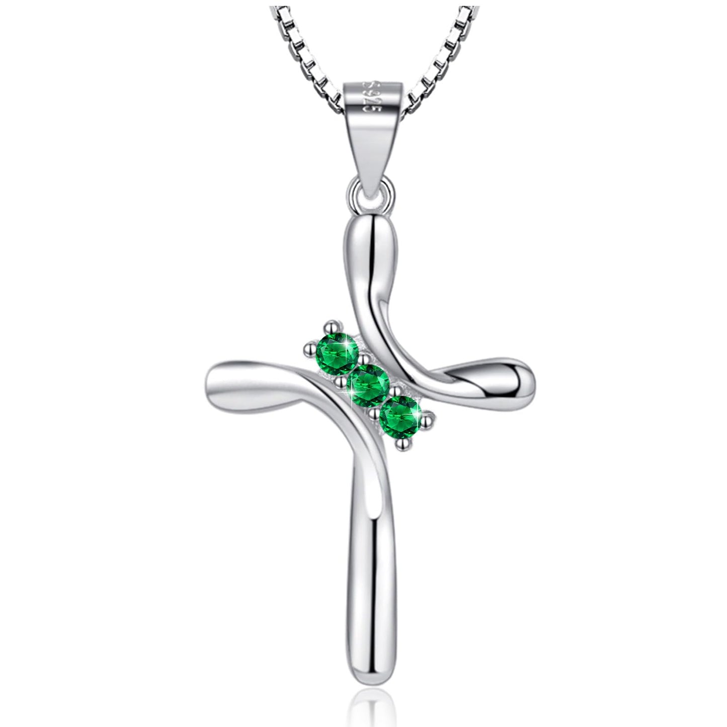 EVERU S925 Sterling Silver Cross Necklace for Women Birthstone Necklace with Cubic Zirconia 18K Gold Plated Cross Pendant Jewelry Ideal Gift Green Emerald May