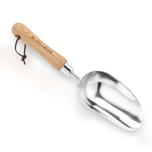 Berry&Bird Garden Loose Soil Scoop, Stainless Steel Hand Shovel Spade with Wood Handle Multi Function Gardening Trowel Spoons for Transplanting, Digging, Planting, Cultivation