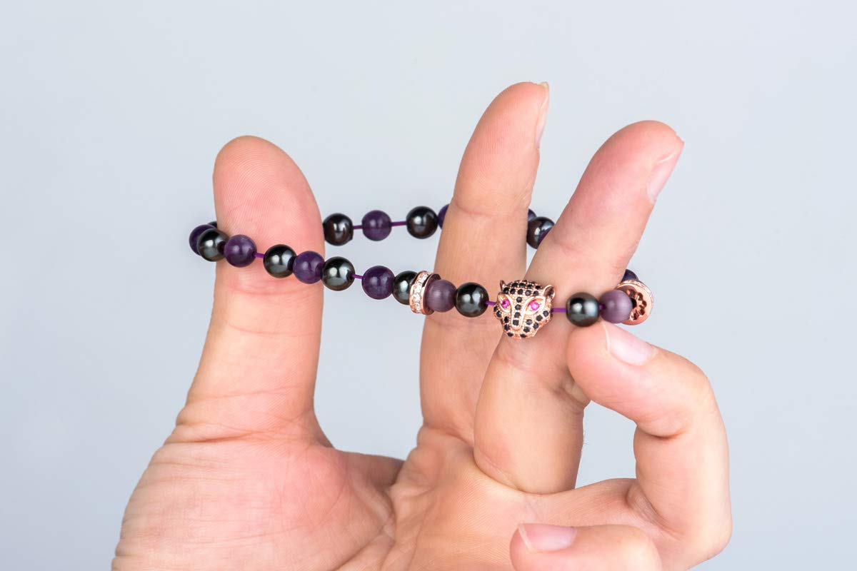 Karseer Womens Black Panther Gemstone Bracelet, 6MM Natural Crystal and Magnetic Energy Beaded Elastic Bracelet, Handmade Prayer Meditation Bracelet (Rose Gold)