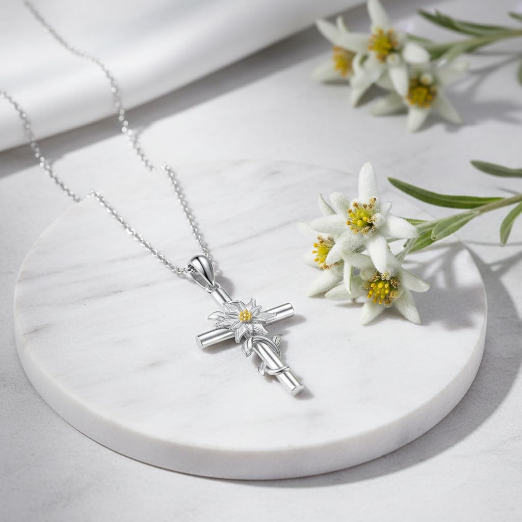 Edelweiss Necklace for Women 925 Sterling silver Edelweiss Cross Pendant Flower Jewelry Valentine's Day Gifts