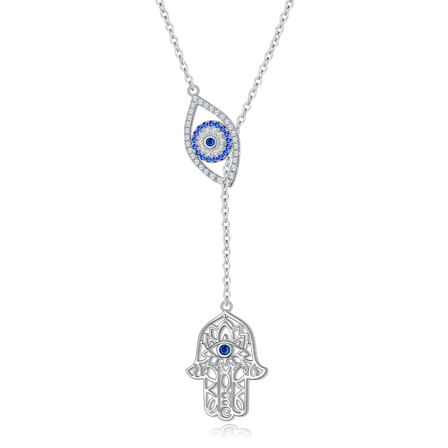DAOCHONG Evil Eye Hamsa Hand Necklace 925 Sterling Silver Long Necklaces for Women Trendy Lariat Y Shaped Cubic Zirconia Pendant Necklaces Fashion Jewelry for Women Gift