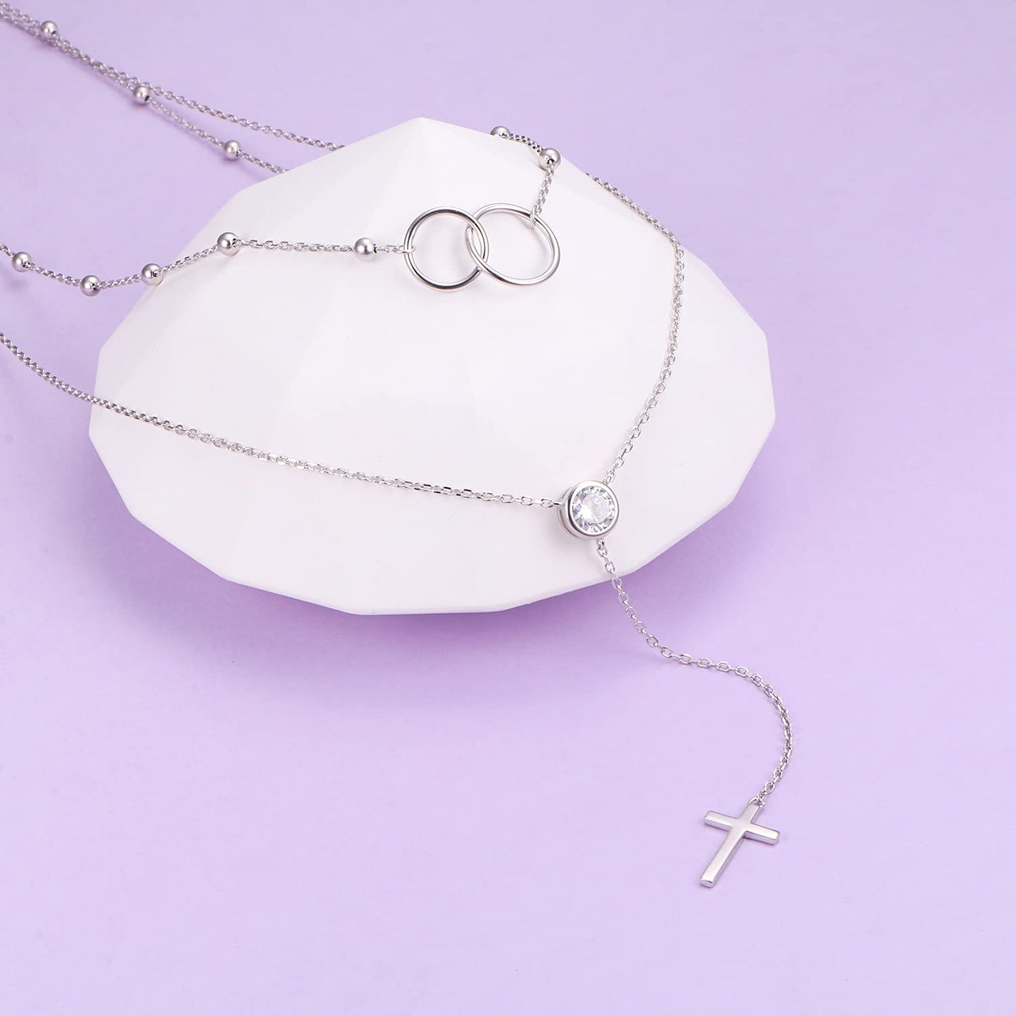 FLYOW Layered Cross Necklace 925 Sterling Silver Two Interlocking Infinity Circles Choker Y Lariat Long Necklace Mothers Day Birthday Gifts for Women