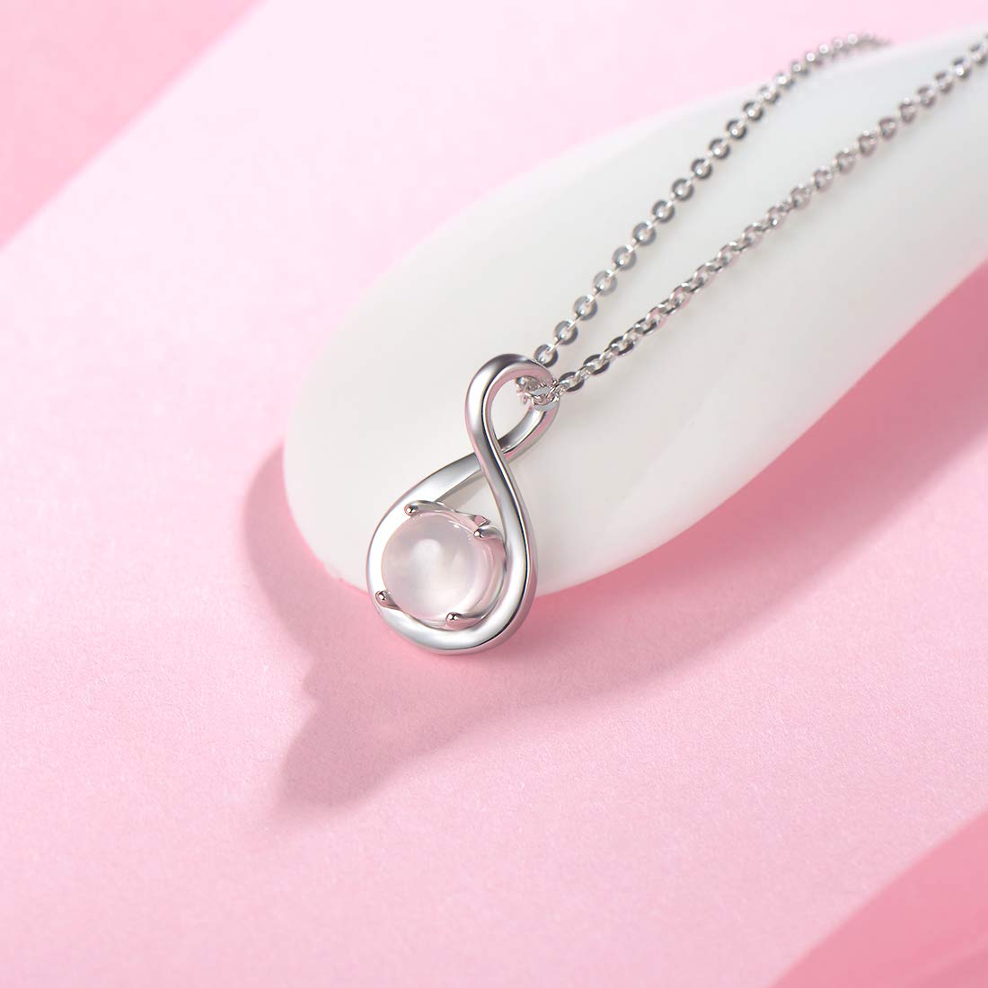 FANCIME Sterling Silver Rose Quartz Necklace Dainty Infinity Pendant Pink Crystal Birthstone Anniversary Birthday Jewelry Mothers Day Gifts for Mom Women Daughter, 16+2 Inch