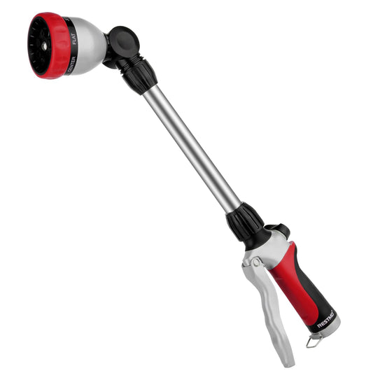 RESTMO Metal Watering Wand, Heavy Duty Garden Hose Wand with 180° Swivel Ratcheting Head, 16'' Hose Nozzle Sprayer with 7 Spray Patterns and Flow Control, for Water Hanging Baskets and Shrubs, Red