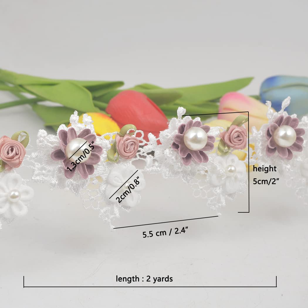 Kuasting 2 Yard Vintage Pearl Flower Ribbon Scallop Edge Trim Sewing Lace Trim Handmade DIY Sewing Supplies for Dress Embellishment (Pearl lace)