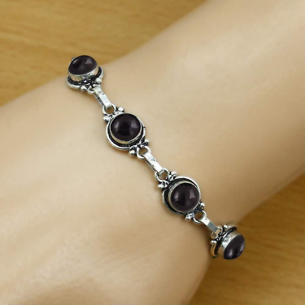 Natural Black Onyx 925 Silver Plated Adjustable Bracelet for Women - July Birthstone Round Gemstone Handmade Bohemian Link Bracelet - Wedding Christmas Valentine Day Gifts for Her