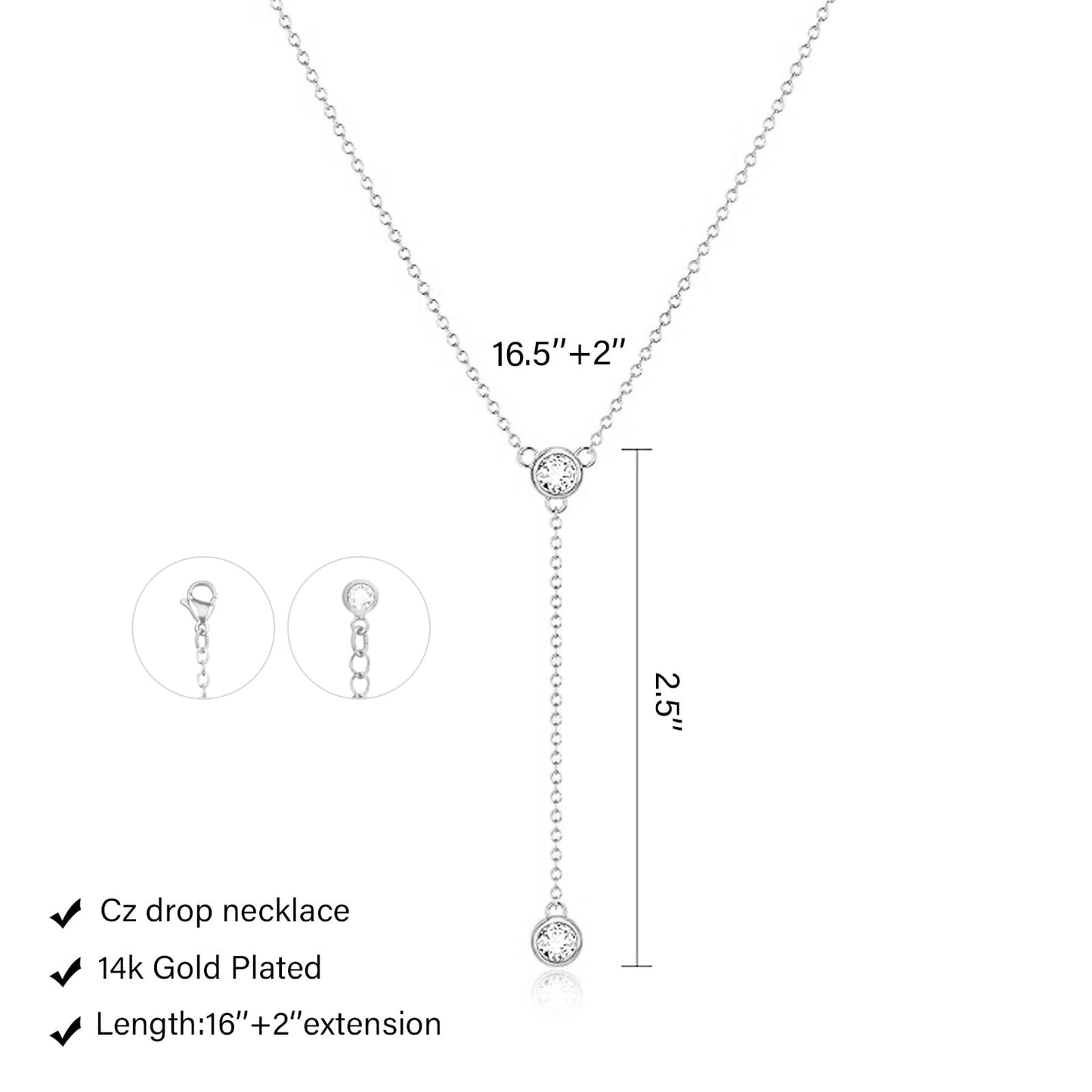 LULII Silver Necklace for Women Trendy Dainty Silver Plated Long Drop Necklaces Lariat CZ Pendant Necklace Simple Jewelry for Women Gifts
