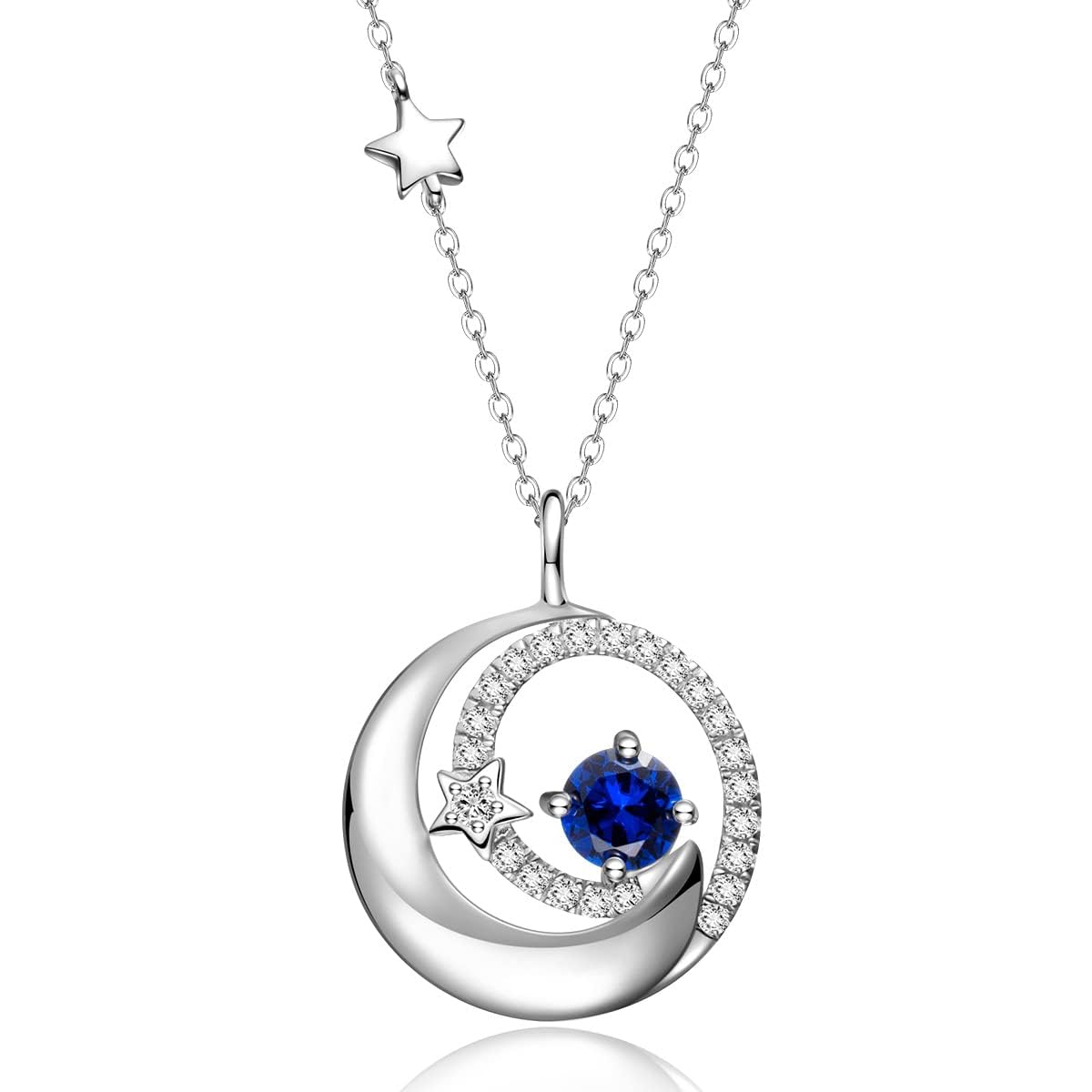 FANCIME Moon Star Necklaces September Birthstone Blue Sapphire Pendant Jewelry 925 Sterling Silver Birthday Anniversary Mothers Day Gifts for Women Mom Daughter, Adjustable Chain 16"+2"