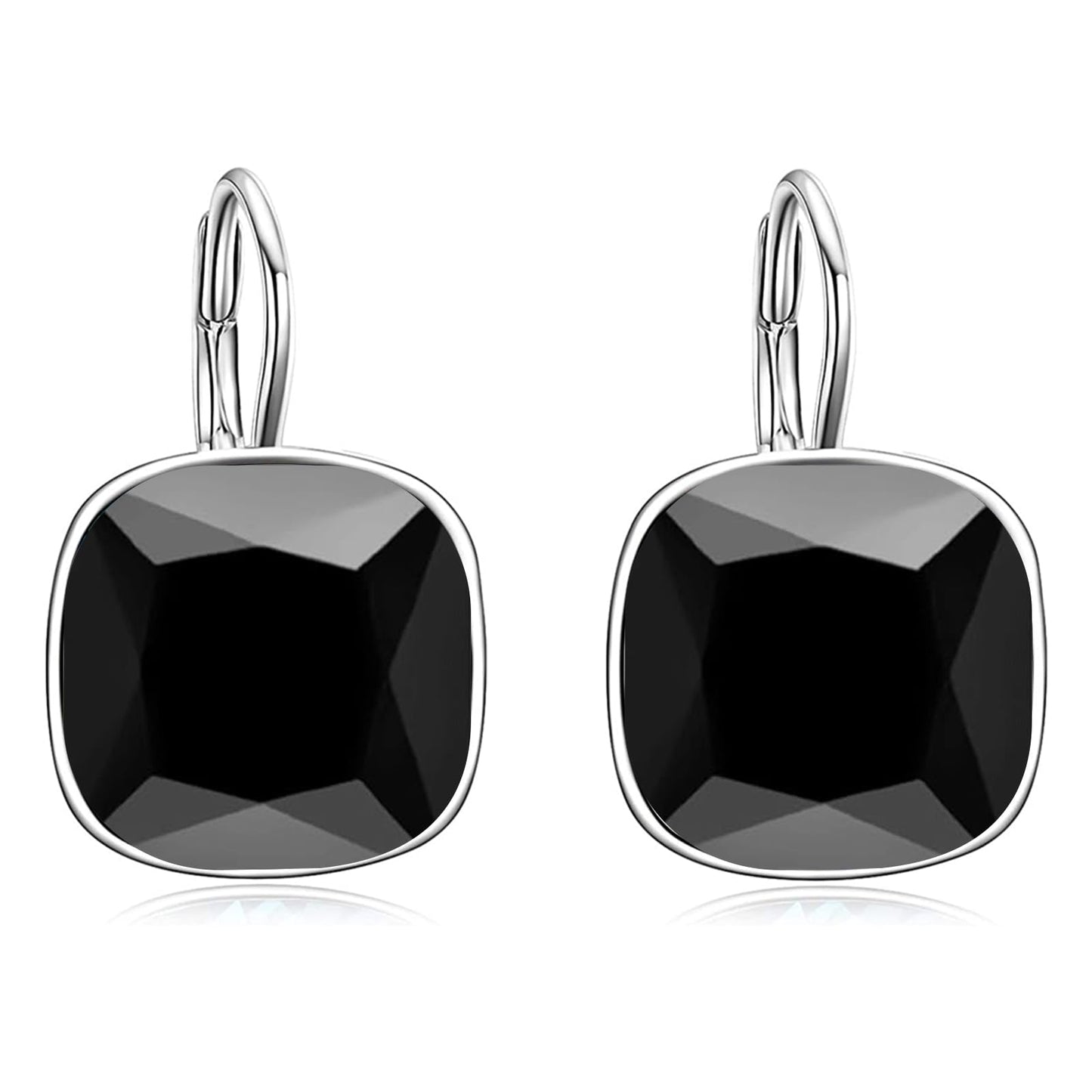 AOBOCO Sterling Silver Leverback Earrings Embellished with Crystals from Austria, Hypoallergenic Cushion Cut Square Crystal Earrings, Fine Anniversary Birthday Jewelry Gifts for Women (Black)