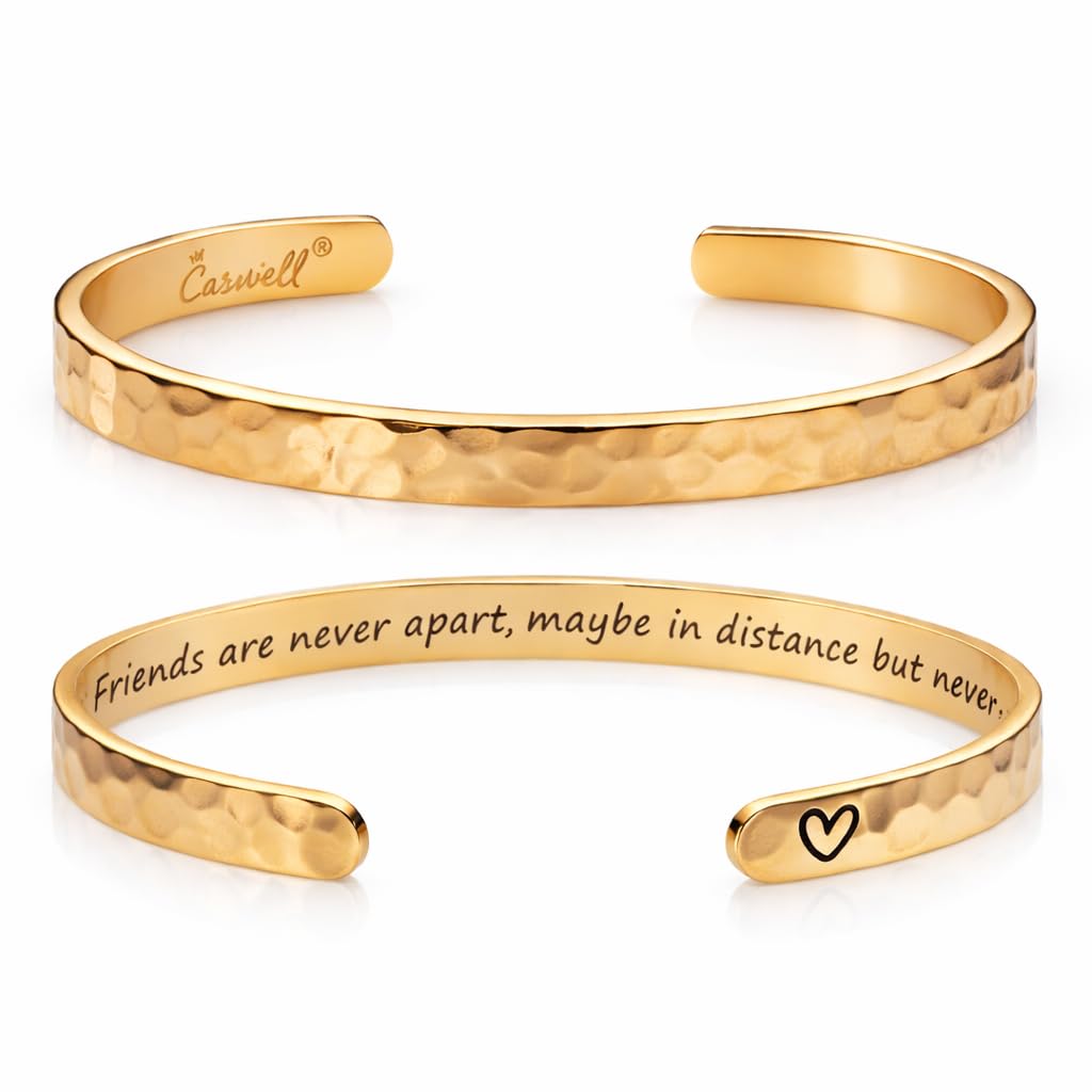 Carviell Gold Friendship Bracelet – “True Friends Are Never Apart” Engraved Cuff, Best Friend Jewelry Gift for Women & Teens, BFF Bracelet, Long Distance Friendship Gift, Stainless Steel Gold Bangle