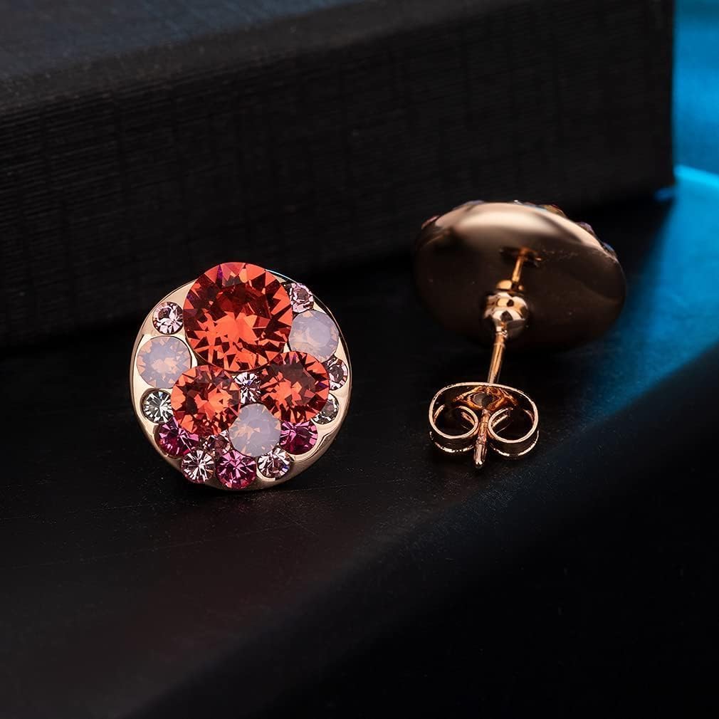 Multicolored Austrian Crystal Rhinestone Stud Earrings for Women Fashion S925 Sterling Silver Hypoallergenic Jewelry (Pink Red Crystals/Rose Gold-tone)
