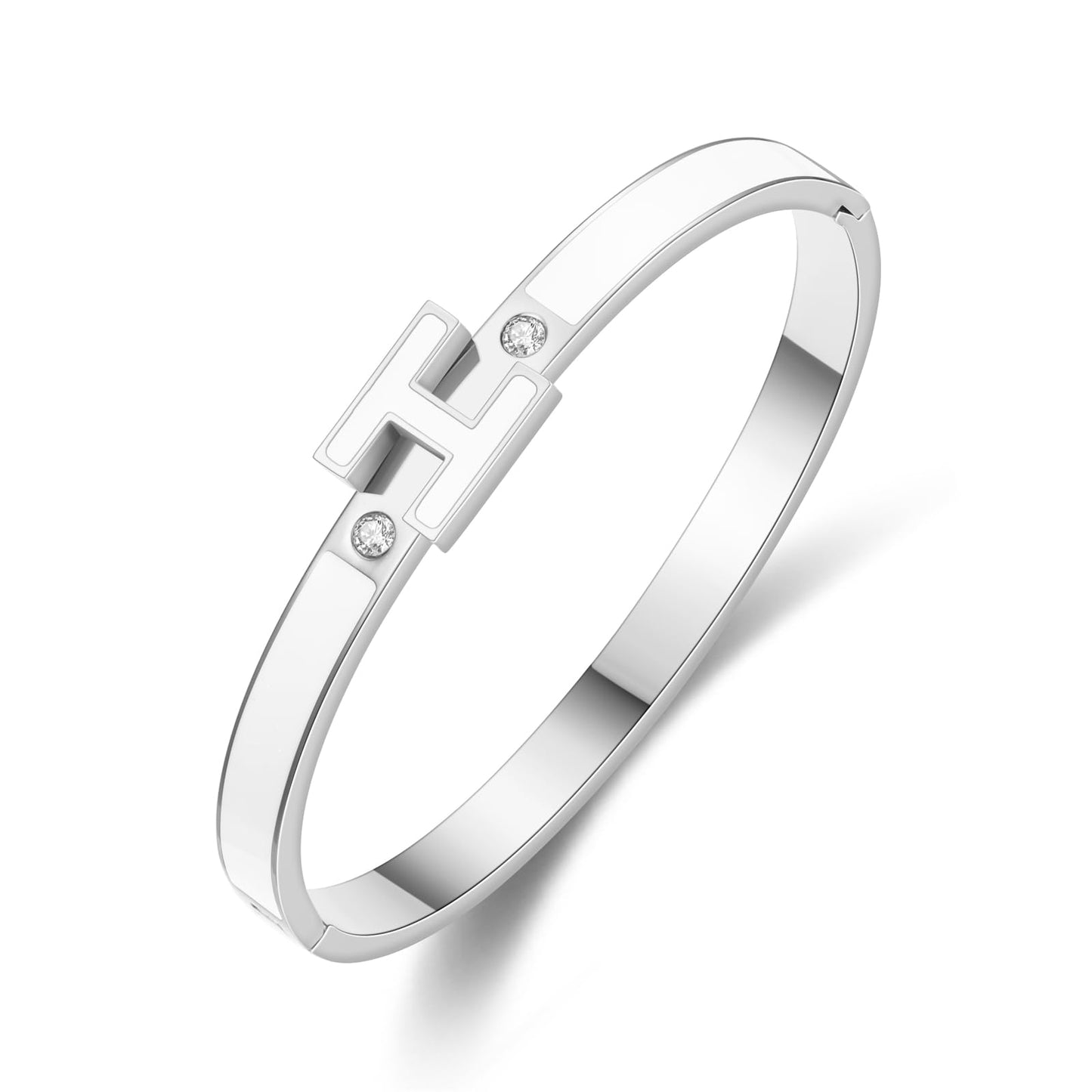 Hothink Gold Bracelets for Women, H Bangle Bracelet, Dainty 18K Gold Plated Stainless Steel Enamel Bracelet for Everyday, Work, Party, Stackable Gift for Mom, Wife, Girlfriend (Silver-White)