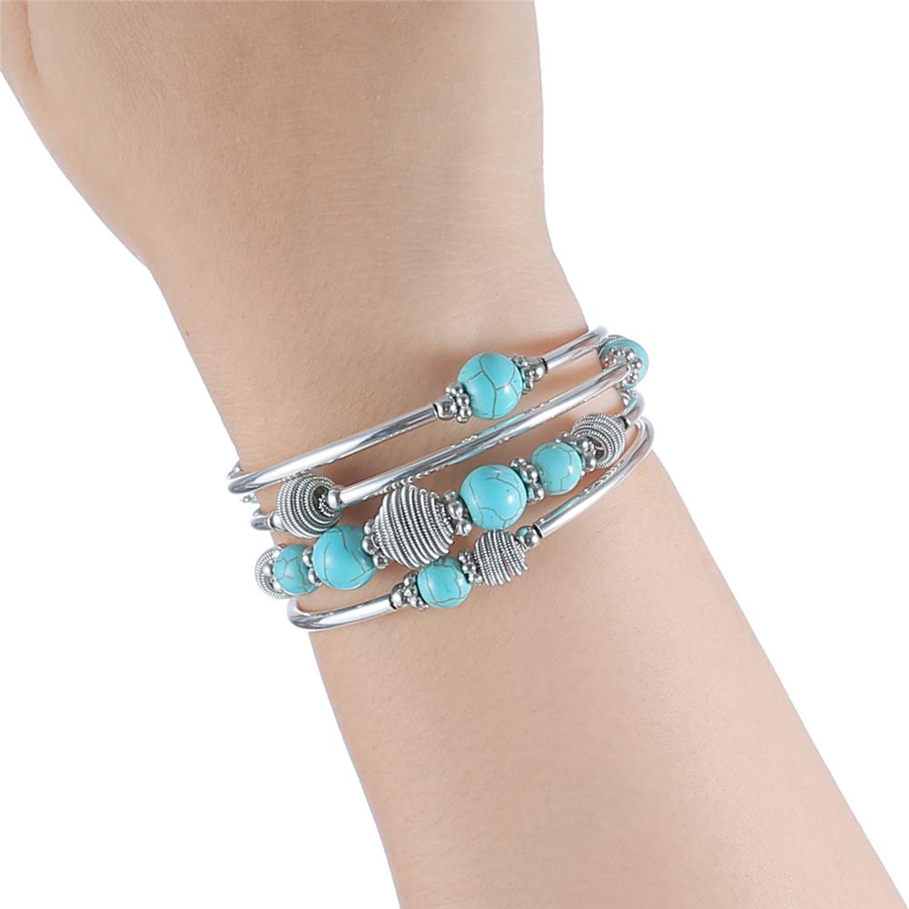 PEARL&CLUB Beaded Chakra Bangle Turquoise Bracelet - Fashion Jewelry Wrap Bracelet with Thick Silver Metal and Mala Beads, Birthday Gifts For Women(Turquoise)