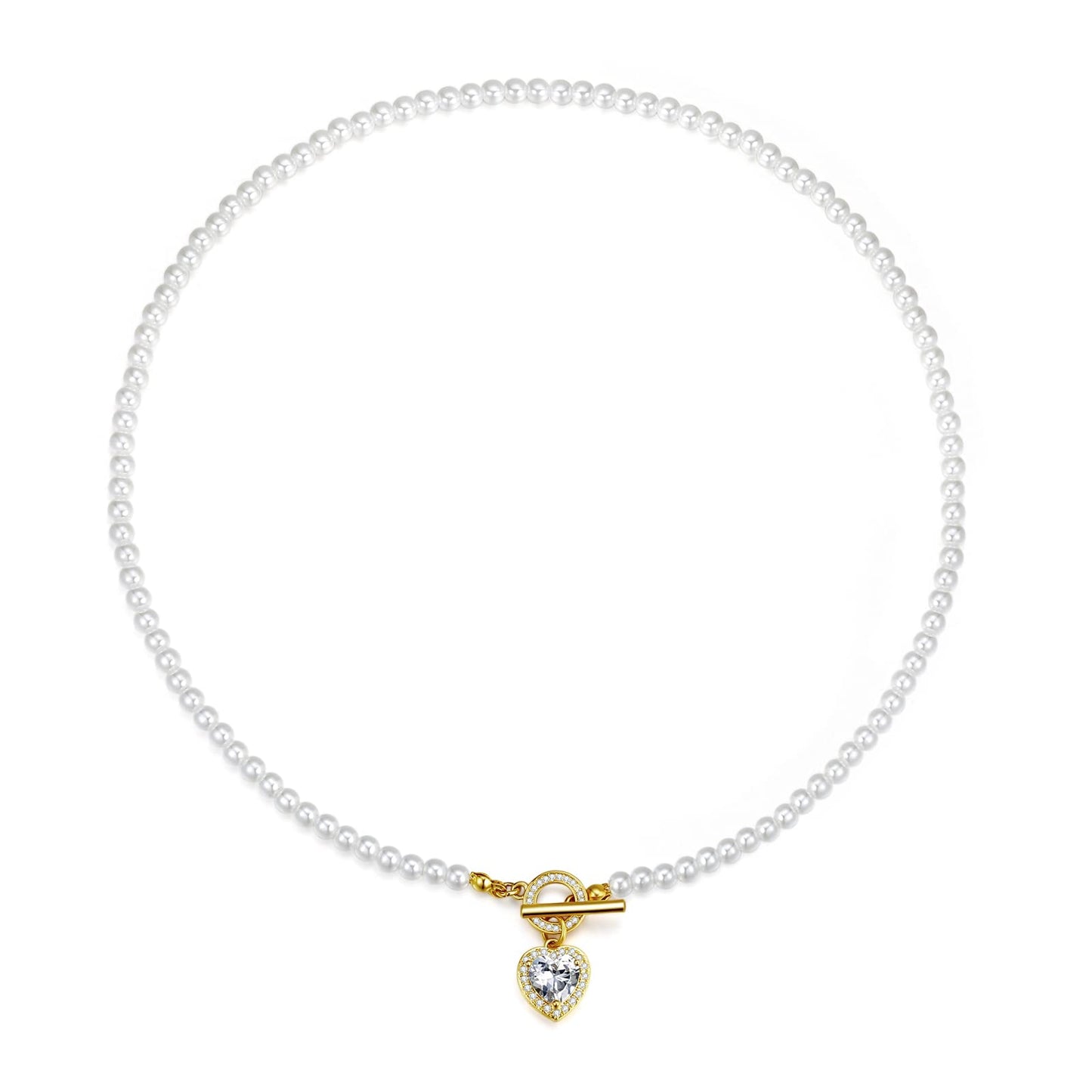 Luxval Pearl Necklaces Choker for Women,CZ Heart Pendant Cream White Pearl Jewelry, Pearl Necklace with Charm Dainty Toggle Clasp Crystal Necklace for Women Jewelry Gifts