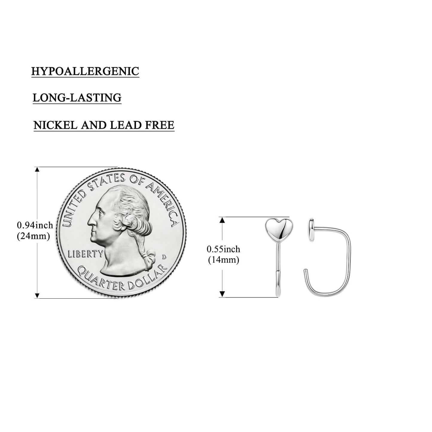 BISAER 925 Sterling Silver Heart Star Small Hoop Earrings, Hypoallergenic Backless Earrings Cartilage Earrings for Women, Dainty Sleeper Earrings with No Back Half Hoop Earrings Jewelry Gift for Her (Heart)