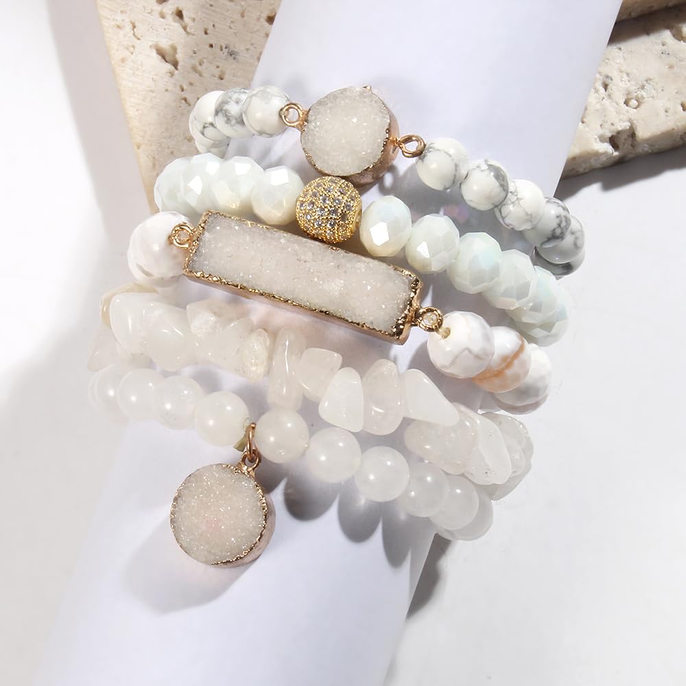 Yomisa 5PCS Natural Boho Beaded Bracelets for Women Men,Healing Turquoise Jasper Agate Crystal Gemstone Stone Diamond Chakra Multilayer Wrap Bohemian Handmade Jewelry Beads Stretch Bracelet Set