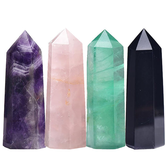 4PCS 1.96-2.75" Natural Crystals Tower Figurine Ornaments Polishing Rose Quartz Amethyst Stone Hexagonal Point Wand Obelisk Statue for Aquarium Decorative Rocks Gifts Home Decor(1.96-2.75inch 4pcs)