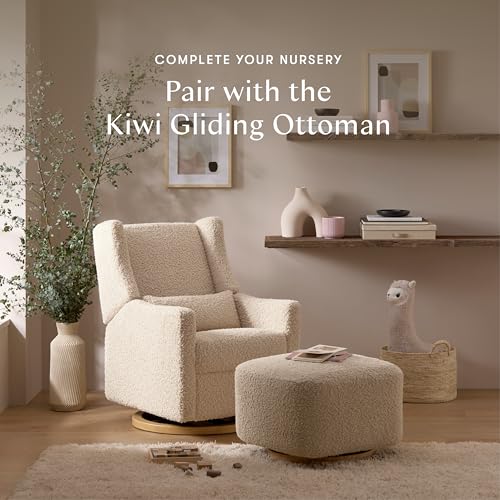 Babyletto Kiwi Glider Recliner Nursery Chair w/USB Ports - GREENGUARD Gold Certified - Water & Stain Resistant Glider Rocking Chair - Electronic, 270° Swivel, Almond Teddy Loop w/Light Wood Base