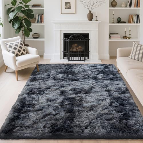 NoiFamo 5x7 Area Rugs for Living Room Bedroom, Soft Fluffy Shaggy Bedside Rug, Indoor Floor Carpet for Kids Playroom, Dorms, Nursery Rooms, Home Decor (Tie-Dyed Dark Grey 5'x7')
