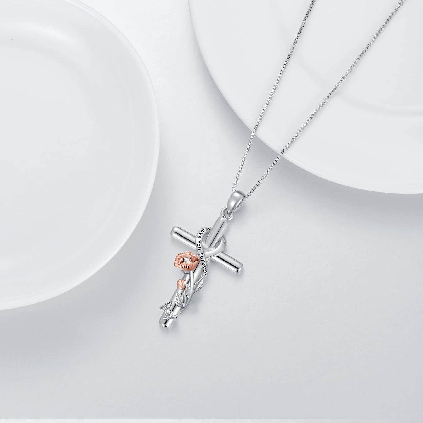 Flpruy Poppy Necklace 925 Sterling Silver Birth Flower Necklace Poppy Cross Jewelry 12 Month Birth Flower Floral Pendant Birthday Jewelry Gifts for Women Mom