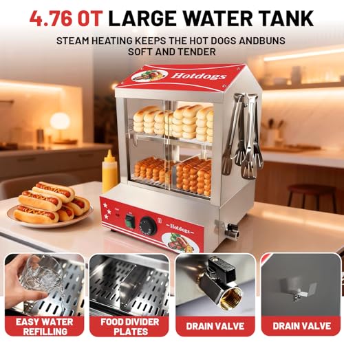 Sovtekr 27L/29 QT Hot Dog Steamer with Bun Warmer - Electric Steaming Machine 2-Tier Capacity for 175 Hot Dogs & 40 Buns, Visible Glass Slide Doors for Commercial Home Use