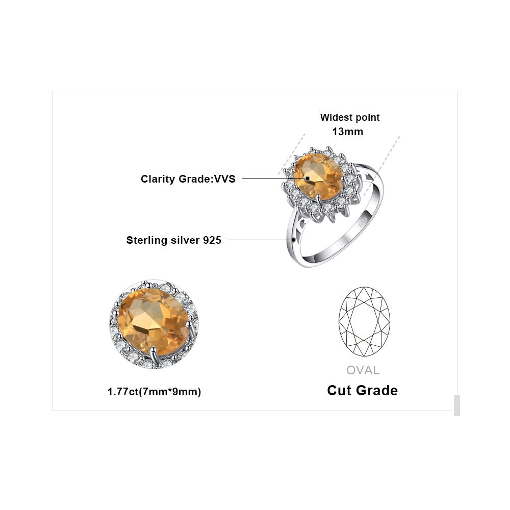 JewelryPalace Princess Diana Kate Middleton Gemstone Birthstone Yellow Amethyst Halo Statement Engagement Rings for Women, 14K White Gold Plated 925 Sterling Silver Promise Rings for Her Size 10.5