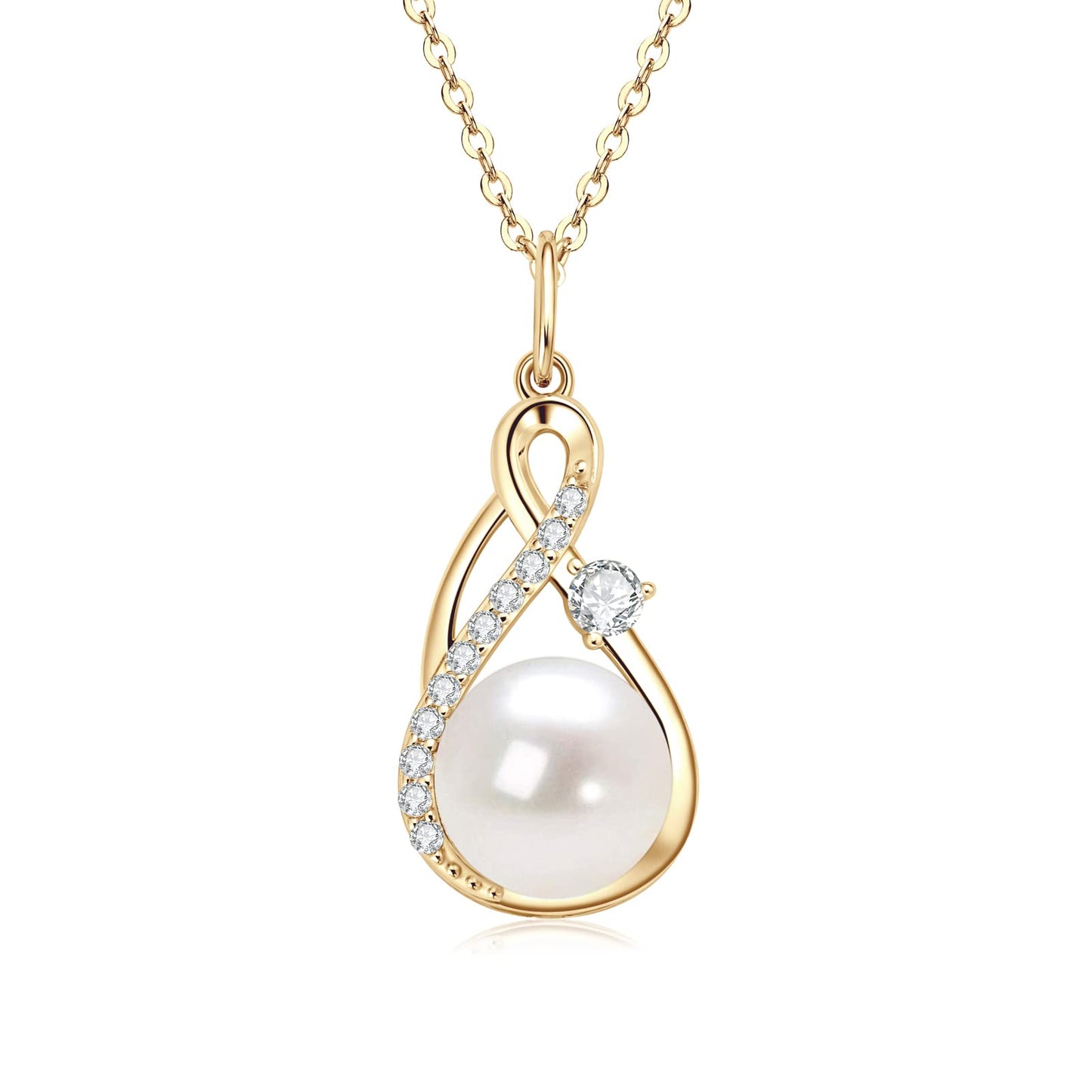 DENGGUANG Freshwater Pearl Pendant Necklace for Women, 14K Gold Plated Infinity Single Pearl Necklace with Moissanite, 925 Sterling Silver Adjustable Chain, Mothers Day Gifts for Mom