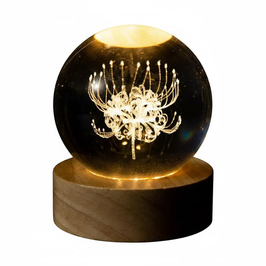 3D Red Spider Lily Crystal Ball Lamp, 60mm K9 Laser Engraved Flower Sphere with Wooden LED Base, Color-Changing Night Light Gift for Home Décor Bedroom Meditation
