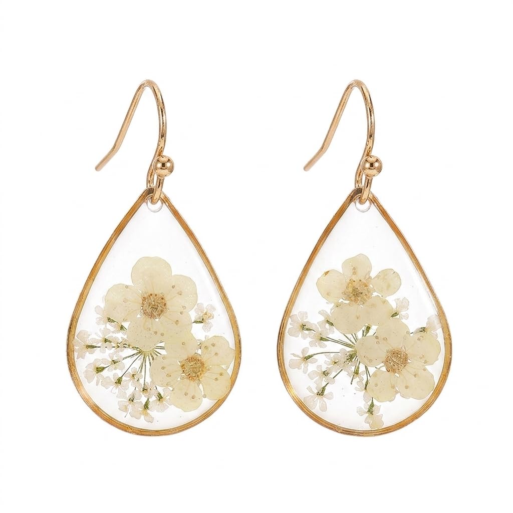 Jean Beau Handmade Pressed Flower Earrings for Women, Unique Resin White Dried Flowers Gold Plated Teardrop Dangle Drop Nature Floral Earings Fashion Summer Jewelry Gift