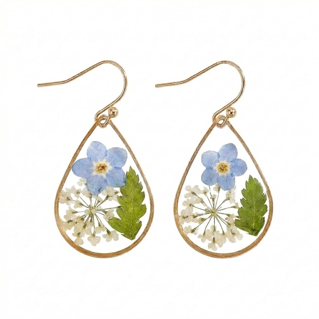 Jean Beau Handmade Blue Pressed Flower Earrings for Women, Forget-Me-Not Queen Anne's Lace Nature Dried Flowers Teardrop Dangle Floral Earings Jewelry Gift