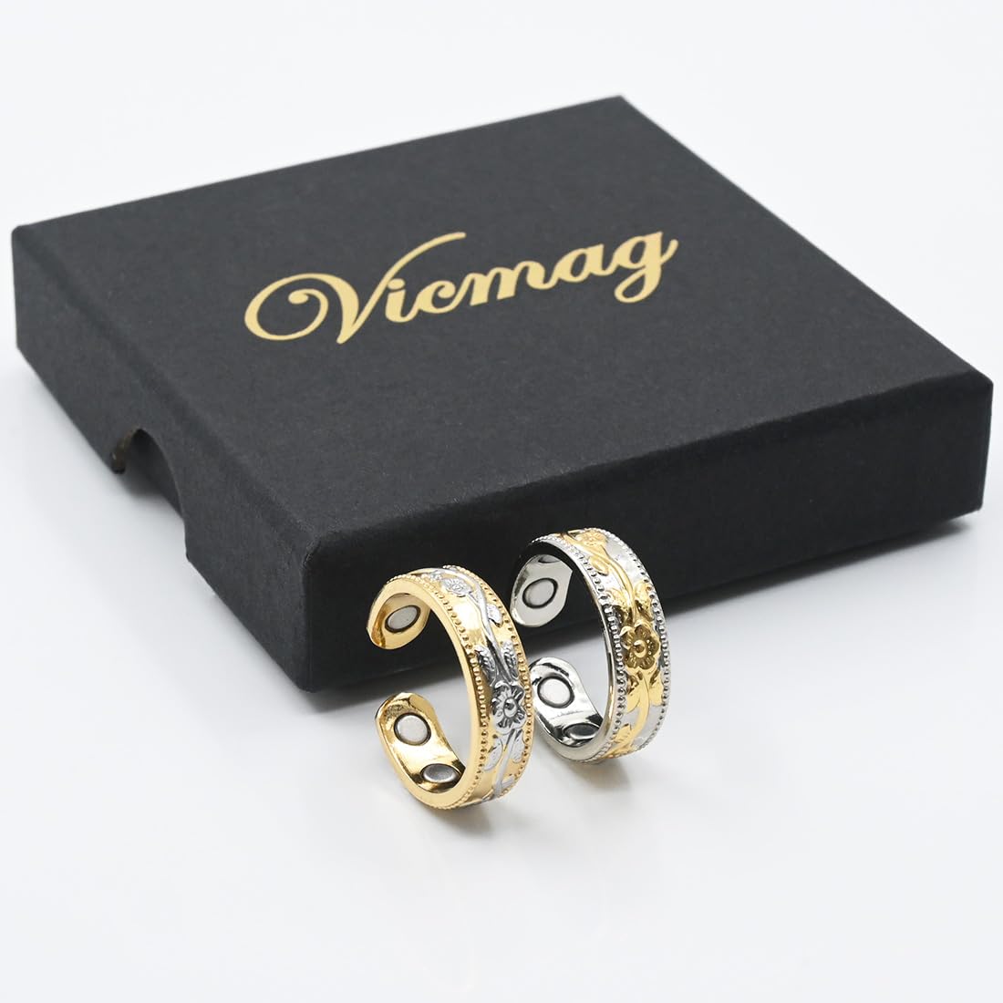 Vicmag Copper Magnetic Ring for Women, Magnetic Rings Ladies Fingers Thumb 100% Solid Pure Copper Jewelry Gift Adjustable(Gold Silver+Silver Gold)