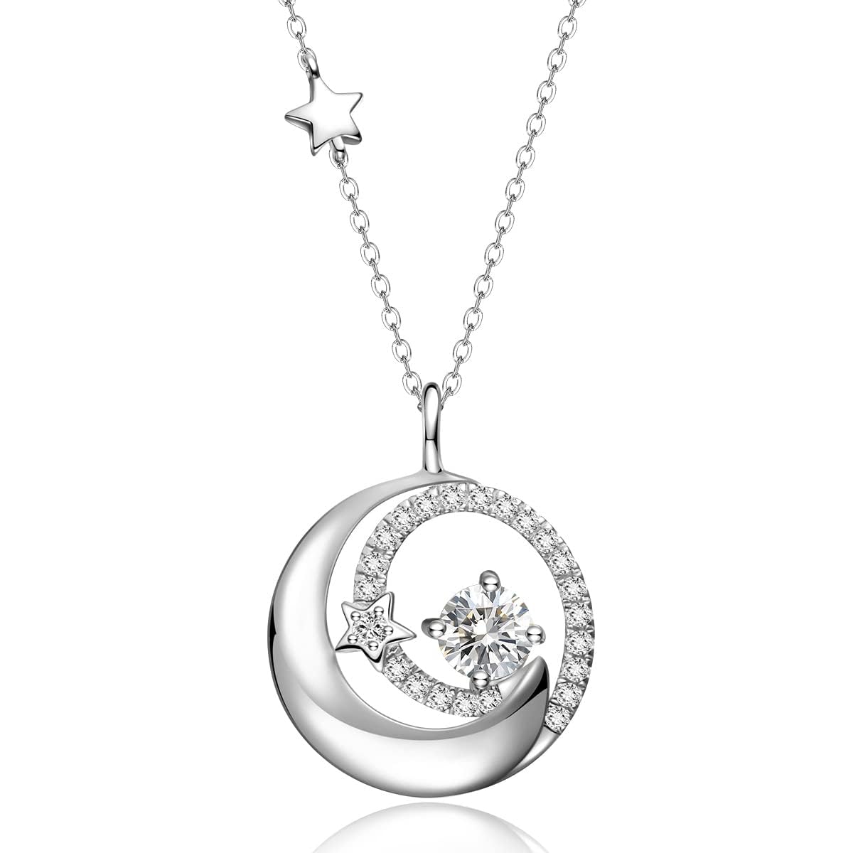 FANCIME April Birthstone Necklace for Women 925 Sterling Silver Moon Star Pendant Simulated Diamond Cubic Zirconia CZ Jewelry Anniversary Birthday Mothers Day Gifts for Mom Women Daughter, 16"+2"
