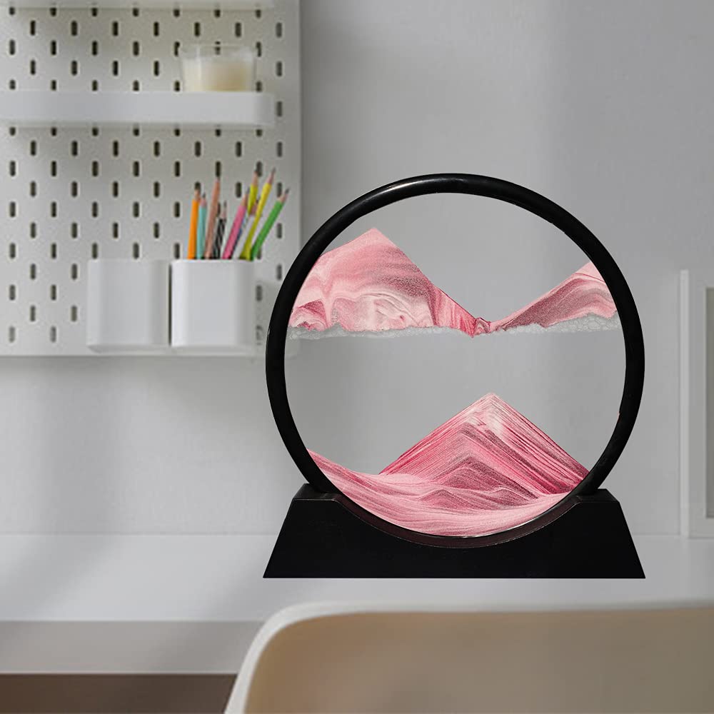 Aoderun Moving Sand Art Picture Round Glass 3D Deep Sea Sandscape in Motion Display Flowing Sand Frame Relaxing Desktop Home Office Work Decor (7", Pink)