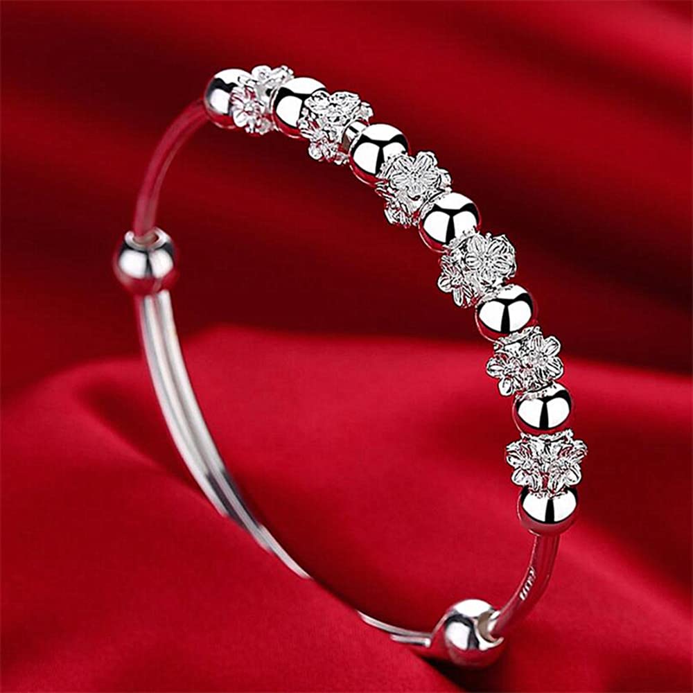 Sterling Silver Bracelets For Women 925 Sterling Silver Beads Bangle Bracelet Transfer Lucky Cuff Bracelet Adjustable Fashion Women Jewelry