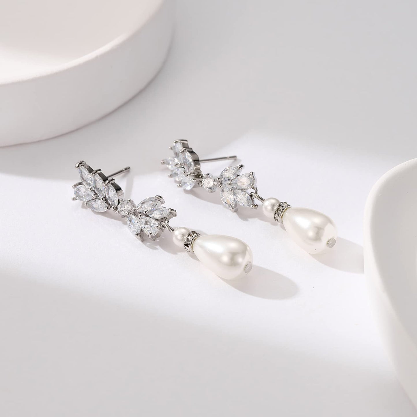 SWEETV Teardrop Pearl Wedding Bridal Earrings for Brides Birdesmaids, Pearl Drop Earrings for Women,Crystal Rhinestones Cubic Zirconia Dangling Earrings