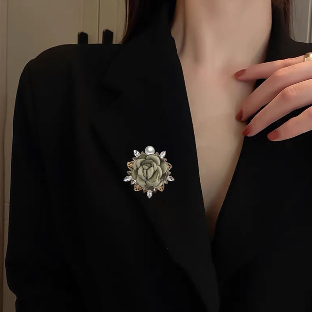 Elegant Rose Flower Brooch Pin for Women Men Wedding Party Gentleman's Essentials Handmade Imitation Crystal Pearl Fabric Flower Lapel Pin Dress Suit Accessories Boutonniere Ideas Gift (Green)