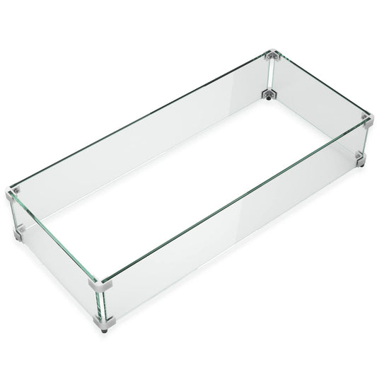 GASPRO 35.5 x 15.5 Inch Glass Wind Guard for Rectangular Fire Pit Table, Thick and Sturdy Tempered Glass Panel with Hard Aluminum Corner Bracket & Rubber Feet, Easy to Assemble
