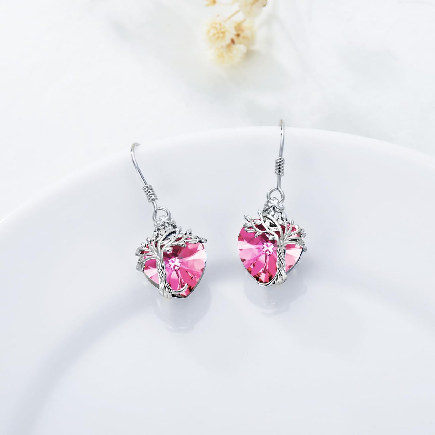 TOUPOP Heart Pink Tourmaline Earrings Sterling Silver Tree of Life Earrings October Birthstone Jewelry Birthday Mothers Day Gifts for Women Mom Her
