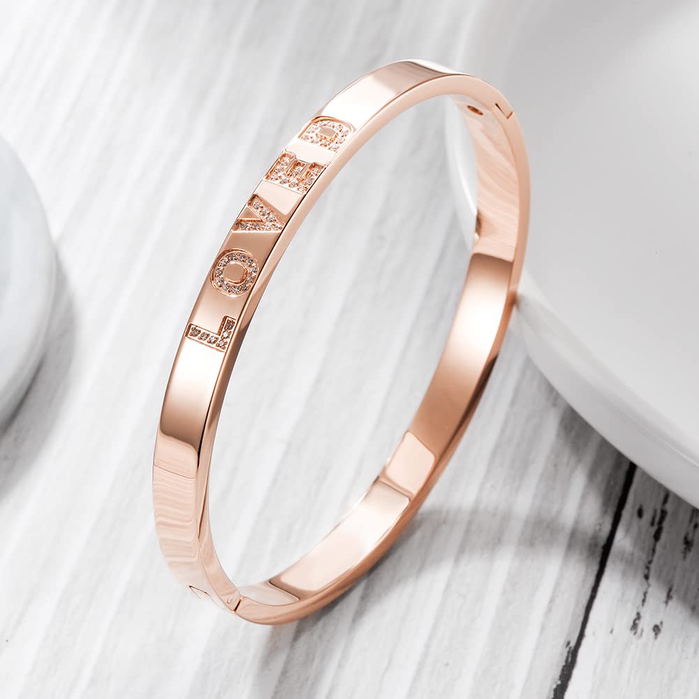 WISTIC Gold Plated Bangle Bracelet for Women, Silver Engraved Letter Cuff Bracelet with CZ, Fits 6.0–7.0 Inch Wrist, 2.4in Inner Dia., Rose Gold Stainless Steel Hinged Bangle Jewelry, LOVED, Rose Gold