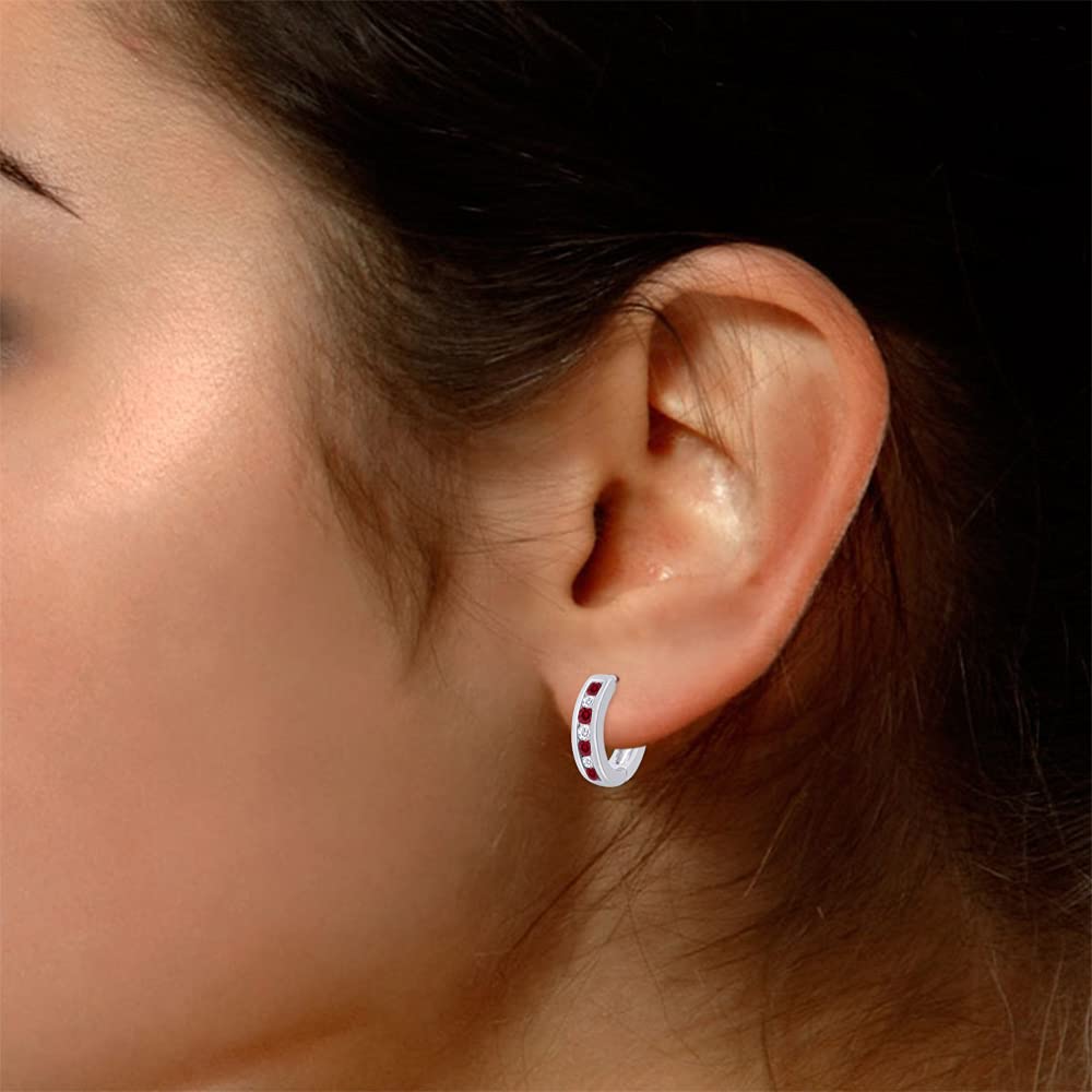 Huggie Earrings for Women, 14K White Gold Over Sterling Silver Hoop Earrings with Simulated Ruby and White Cubic Zirconia, Dainty Elegant Jewelry Gift