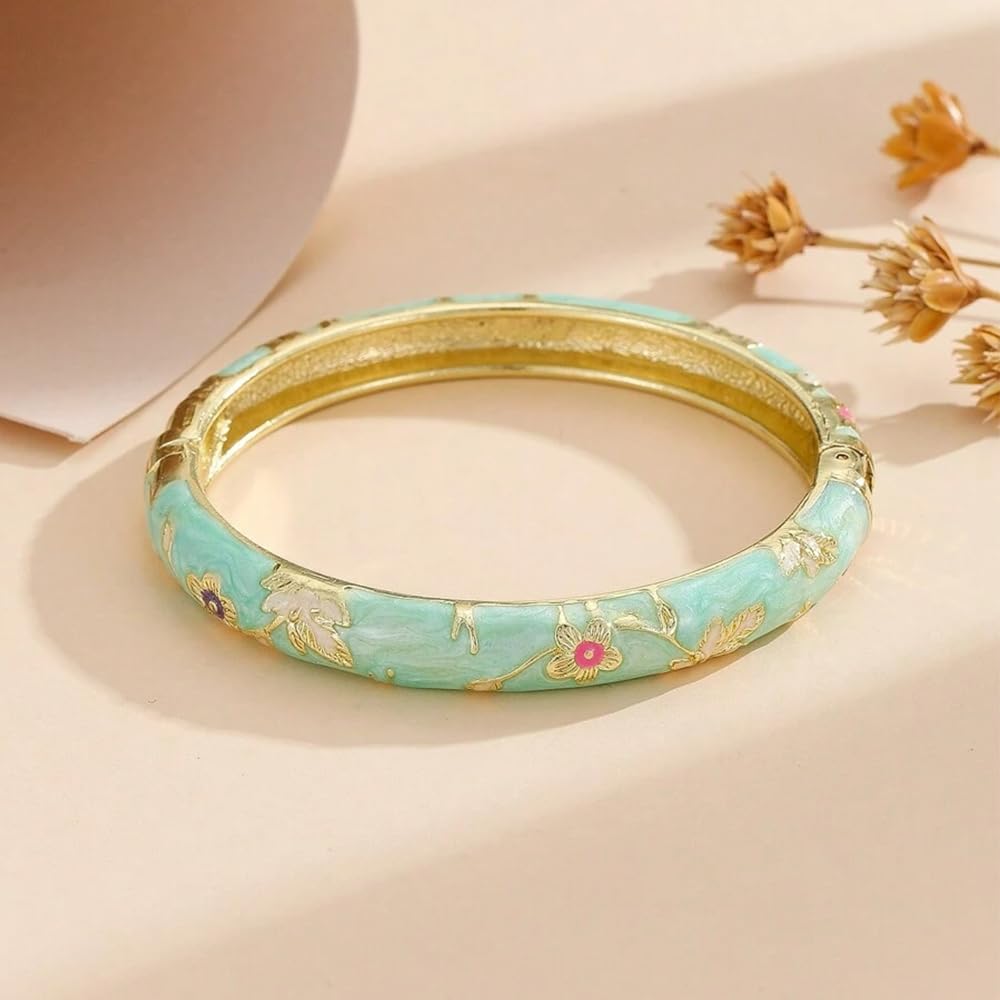 BlingNook Cloisonne Bracelet For Women, Chunky Bangle Trendy Cute Flower Enamel Bangles Multi Tone Engraved Cuff Gold Plated Bracelets Stackable Wife Jewelry Friendship Gift (Pink, One Size)