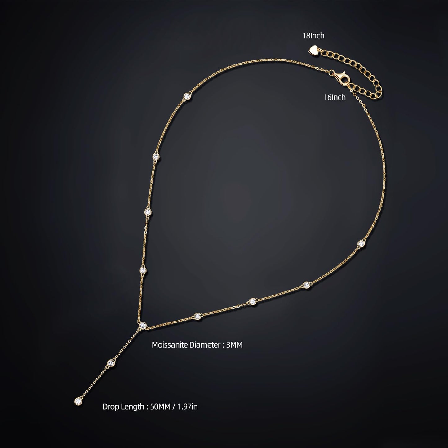 DYUNQ Moissanite Necklace for Women Sterling Silver, Imitation Diamond Lariat Drop Y necklace, Dainty Simple Long Prom Bridal Wedding Hypoallergenic Neckalces, 16 to 20 Inch