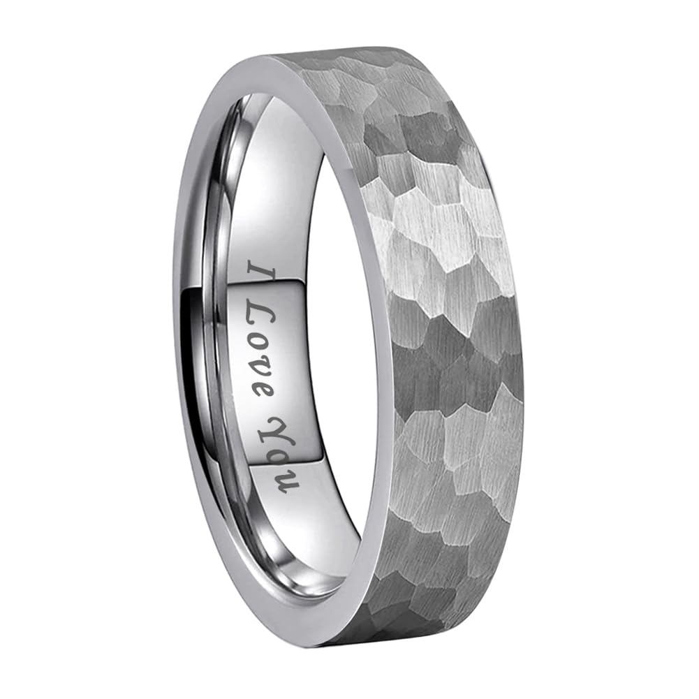 TUTISS 6mm Hammered Tungsten Carbide Rings for Men Women Fashion Engagement Wedding Bands Matte Finish I Love You Engraved Comfort Fit Size 10